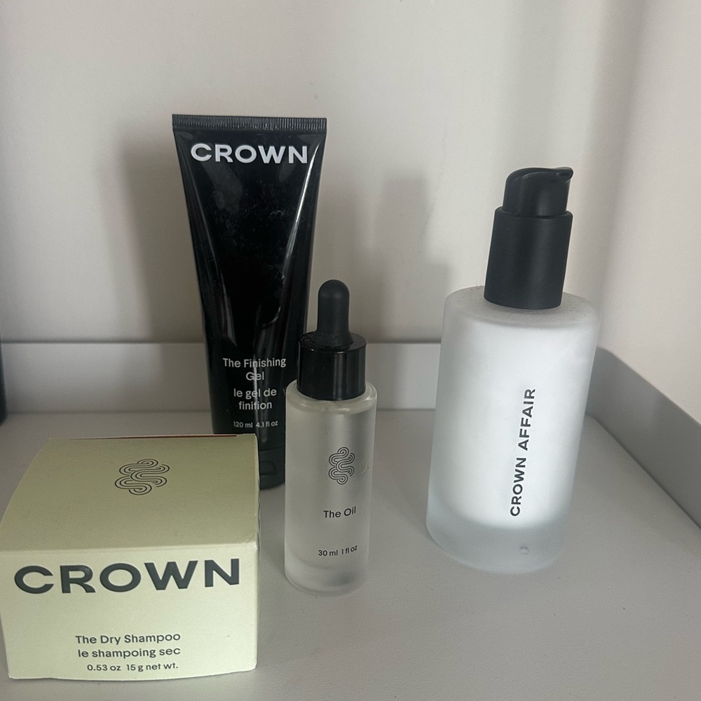 Crown Affair set — leave in conditioner, dry shampoo, hair oil, finishing gel